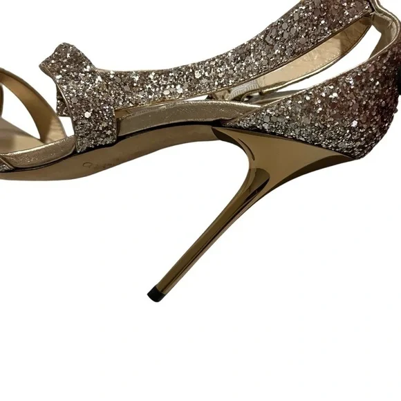 Jimmy Choo Lottie Antique Gold Glitter Heels Strappy Sandals Size 38.5 - Picture 12 of 13